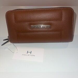 H Halston Zip Around Brown Wallet